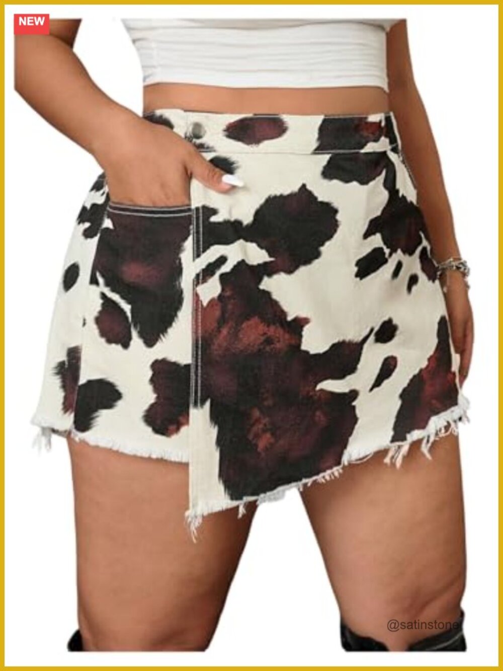 Women's Plus Size High Rise Wrap Skort Denim Cow Print